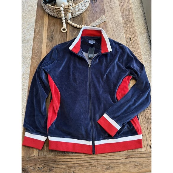Majestic International Velour Track Suit Jacket Top Navy Red White Zipper NWT - Picture 1 of 13